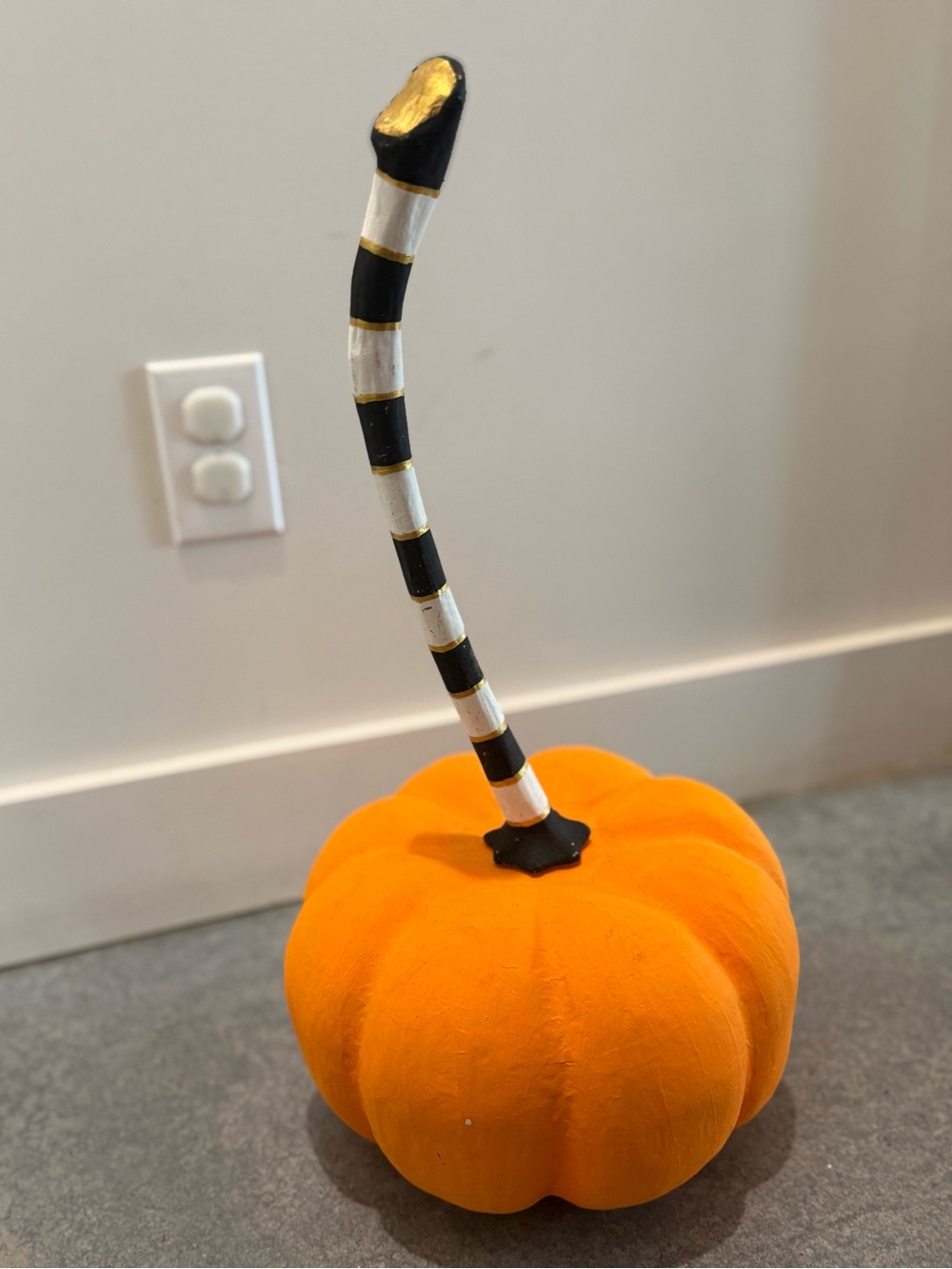 Glitterville Orange Pumpkin Accent with Black & White Striped Stem